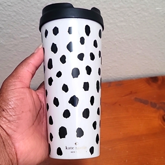 KATE SPADE NEW YORK FLAMINGO DOT THERMAL BLACK AND WHITE COFFEE MUG - Picture 1 of 8